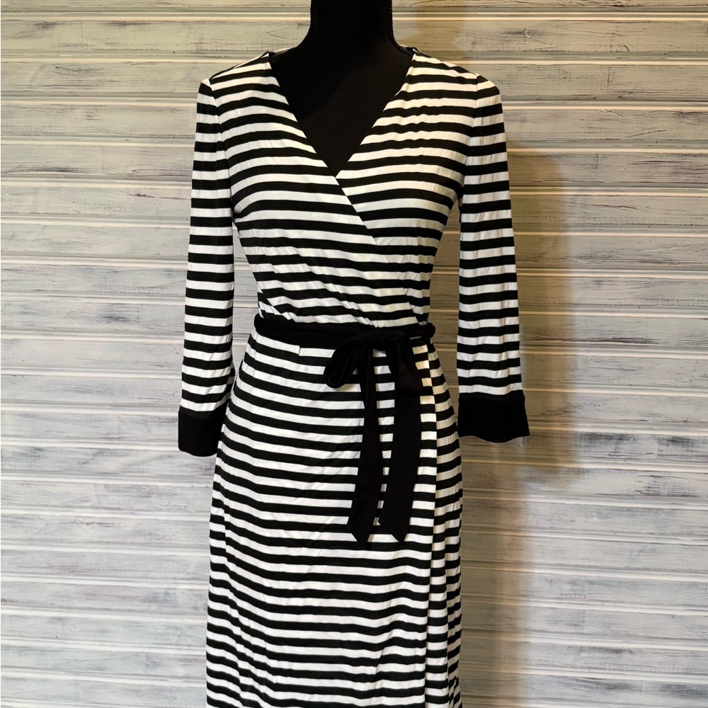 DVF Black and White Striped Wrap Dress